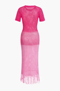 Fringed Hem Crochet Hollow Out Cover Up Knit Dress