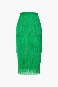 Fringed Tiered Midi Skirt