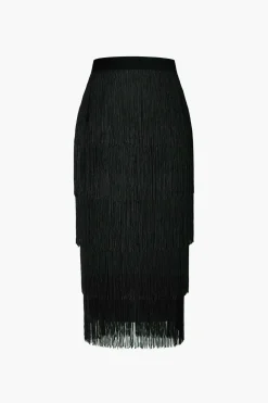 Fringed Tiered Midi Skirt