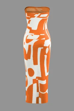 Geometric Pattern Strapless Knit Maxi Dress