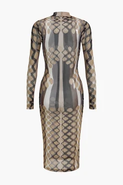 Geometric Print Sheer Mesh Long Sleeve Midi Dress