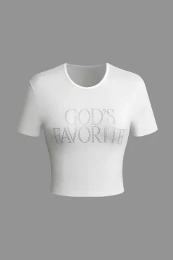 GOD'S FAVORITE Rhinestone Decor Crop T-shirt
