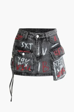Graffiti Flap Pocket Denim Mini Skirt