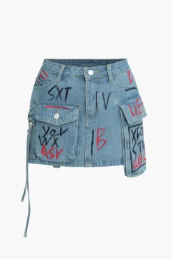 Graffiti Flap Pocket Denim Mini Skirt