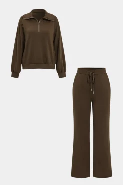Half Zip Drawstring Wide Leg Pants Set