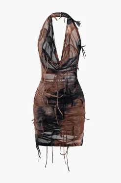 Halter Backless Distressed Mini Dress