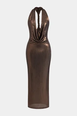 Halter Cowl Neck Backless Twist Maxi Dress