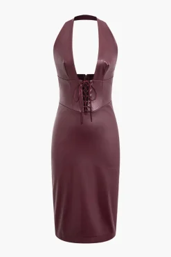 Halter Faux Leather Lace-Up Midi Dress