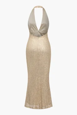 Halter Neck Backless Sequin Maxi Dress