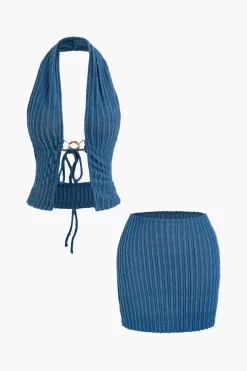Halter Neck Backless Tank Top And Mini Skirt Set