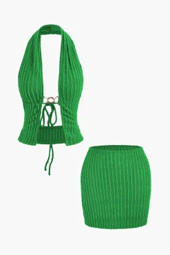 Halter Neck Backless Tank Top And Mini Skirt Set