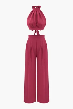 Halter Neck Backless Top And Pleated Pants Set
