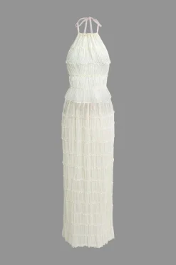 Halter Neck Tie Ruched Backless Ruffle Skirt Set