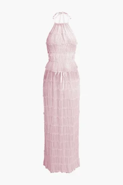 Halter Neck Tie Ruched Backless Ruffle Skirt Set