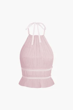 Halter Neck Tie Ruched Backless Ruffle Skirt Set