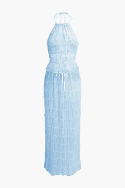 Halter Neck Tie Ruched Backless Ruffle Skirt Set