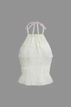 Halter Neck Tie Ruched Backless Ruffle Skirt Set