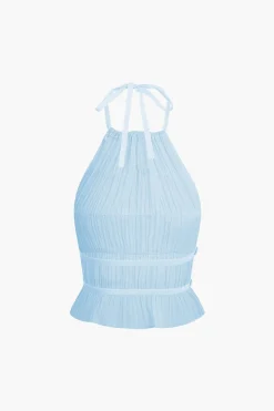 Halter Neck Tie Ruched Backless Ruffle Skirt Set