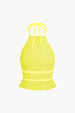 Halter Neck Tie Ruched Backless Ruffle Skirt Set