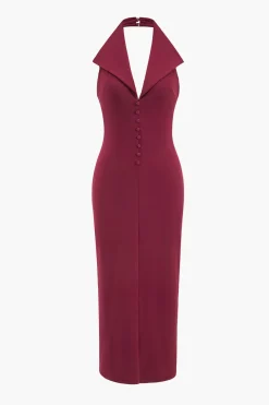 Halter V-neck Sleeveless Midi Dress