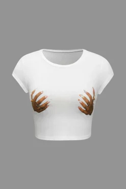 Hands Print Round Neck Crop T-shirt