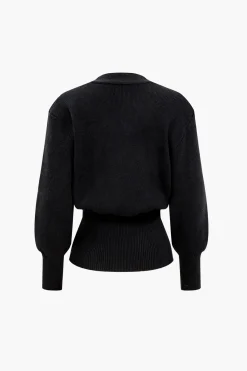 Heart Button Balloon Sleeve Sweater Cardigan
