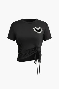 Heart Rhinestone Hollow Out Drawstring Ruched T-shirt