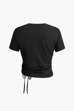 Heart Rhinestone Hollow Out Drawstring Ruched T-shirt