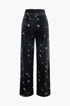 High Waist Velvet Snowflake Pattern Straight Leg Pants