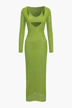 Hollow Out Long Sleeve Knit Maxi Dress With Bra Set
