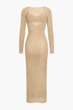 Hollow Out Long Sleeve Knit Maxi Dress With Bra Set