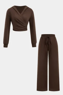 Hooded Ruched Cropped Top And Drawstring Straight Leg Pants Set