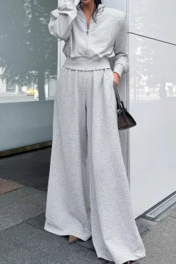 Hooded Zipper Detail Top And Wide Leg Trousers Set