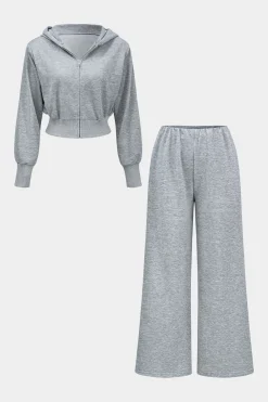 Hooded Zipper Detail Top And Wide Leg Trousers Set