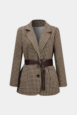 Houndstooth Notched Lapel Belted Blazer