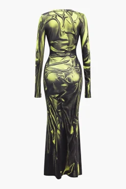 Illusion Pattern Print Long-Sleeve Maxi Dress