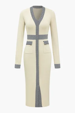 Illusion Pattern Print Pocket Long-Sleeve Sweater Dress