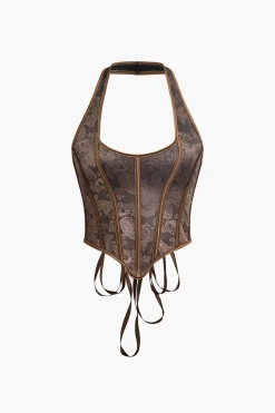Jacquard Eyelet Tie Halter Corset Top