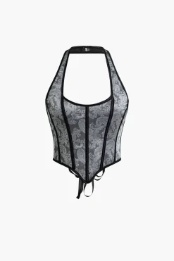 Jacquard Eyelet Tie Halter Corset Top