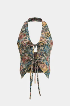 Jacquard Halter Neck Tie-Up Tank Top