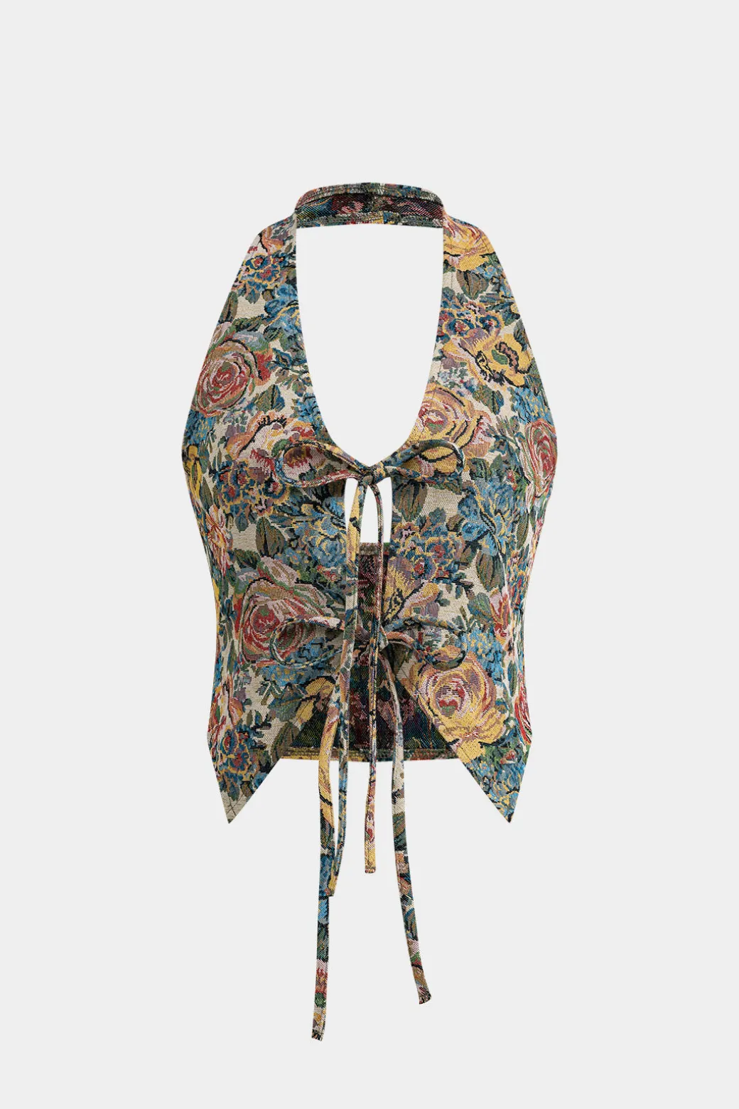 Jacquard Halter Neck Tie-Up Tank Top