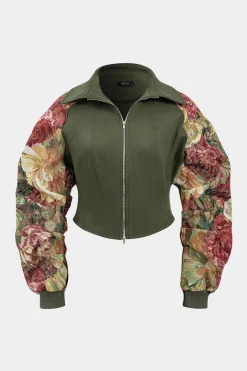Jacquard Patchwork Zipper Long-Sleeve Top