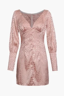 Jacquard Satin V Neck Buttons Long Sleeve Mini Dress