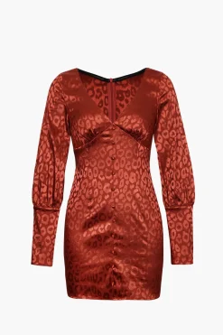 Jacquard Satin V Neck Buttons Long Sleeve Mini Dress
