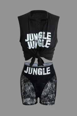Jungle Print Knot Sleeveless Top And Lace Shorts Set