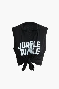 Jungle Print Knot Sleeveless Top And Lace Shorts Set