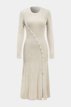 Knit Asymmetric Button Long Sleeve Dress