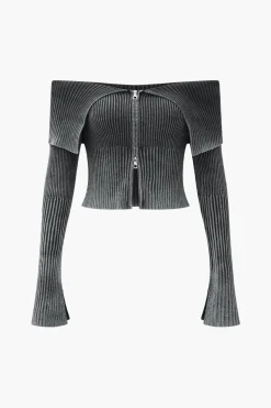 Knit Bell Sleeves Zipper Long-Sleeve Top
