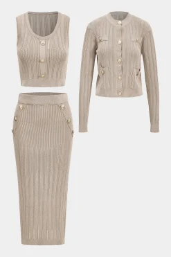 Knit Bottom Tank Top And Cardigan And Skirt Set