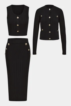 Knit Bottom Tank Top And Cardigan And Skirt Set